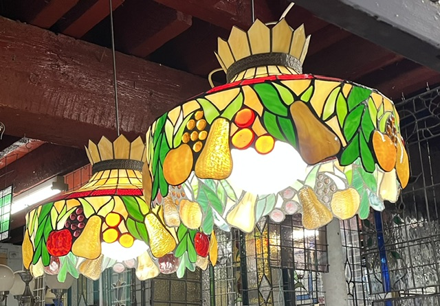 Classic fruit motif leadlight pendant lights with a crown style top featuring pears, apples, grapes, oranges and foliage. Each light is 370mm diam x 520mm high (L475 and L476) $545 each salvaged vintage recycled, demolition, reproduction, restoration, home renovation secondhand, used , original, old, reclaimed, heritage, antique, victorian, art nouveau edwardian georgian art deco