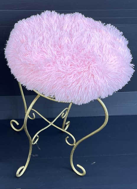 Pink fluffy retro round stool, 370mm diam x 560mm high (RR305SW) $45 salvaged vintage recycled, demolition, reproduction, restoration, home renovation secondhand, used , original, old, reclaimed, heritage, antique, victorian, art nouveau edwardian georgian art deco
