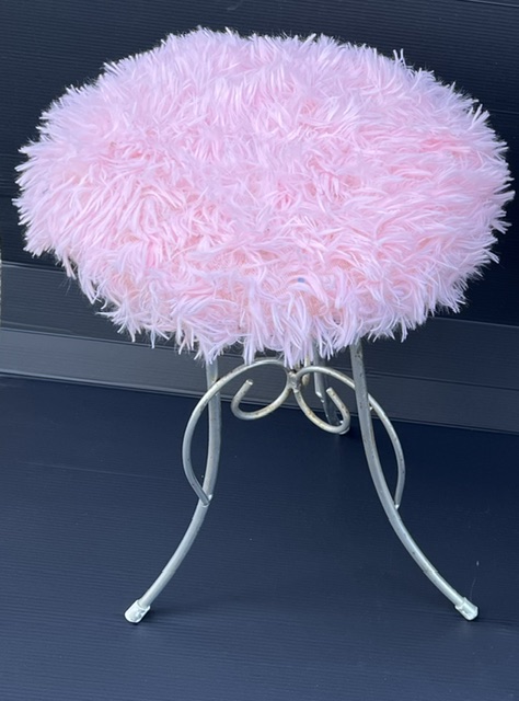 Pink fluffy retro round stool, 300mm diam x 470mm high (RR307SW) $45 salvaged vintage recycled, demolition, reproduction, restoration, home renovation secondhand, used , original, old, reclaimed, heritage, antique, victorian, art nouveau edwardian georgian art deco