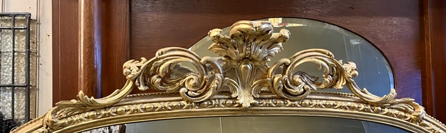 Detail of Victorian gilt timber mirror with ornate scroll work, extra large at 1635mm across the base, 1750mm high (D376) $3800 salvaged vintage recycled, demolition, reproduction, restoration, home renovation secondhand, used , original, old, reclaimed, heritage, antique, victorian, art nouveau edwardian georgian art deco