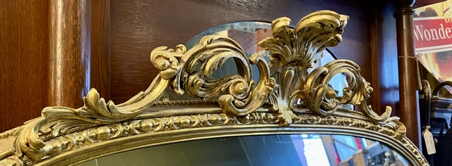 Detail of Victorian gilt timber mirror with ornate scroll work, extra large at 1635mm across the base, 1750mm high (D376) $3800 salvaged vintage recycled, demolition, reproduction, restoration, home renovation secondhand, used , original, old, reclaimed, heritage, antique, victorian, art nouveau edwardian georgian art deco