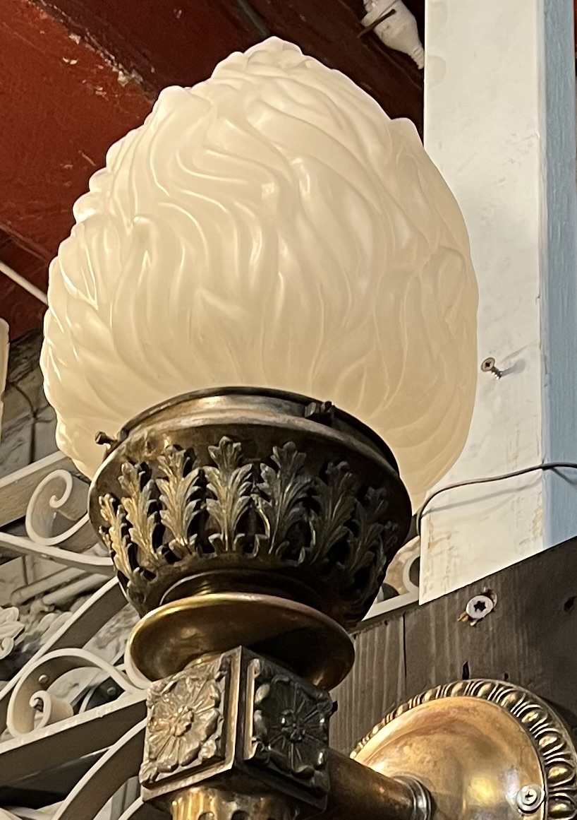 Shade detail of wall mounted torchiere light made from ornate cast bronze with frosted flame shade, 1000mm high x 250mm projection (L477) $3,500 salvaged vintage recycled, demolition, reproduction, restoration, home renovation secondhand, used , original, old, reclaimed, heritage, antique, victorian, art nouveau edwardian georgian art deco