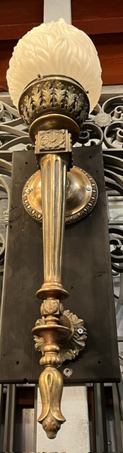 View #2 of wall mounted torchiere light made from ornate cast bronze with frosted flame shade, 1000mm high x 250mm projection (L477) $3,500 salvaged vintage recycled, demolition, reproduction, restoration, home renovation secondhand, used , original, old, reclaimed, heritage, antique, victorian, art nouveau edwardian georgian art deco