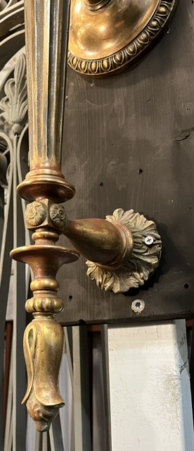 Detail of wall mounted torchiere light made from ornate cast bronze with frosted flame shade, 1000mm high x 250mm projection (L477) $3,500 salvaged vintage recycled, demolition, reproduction, restoration, home renovation secondhand, used , original, old, reclaimed, heritage, antique, victorian, art nouveau edwardian georgian art deco