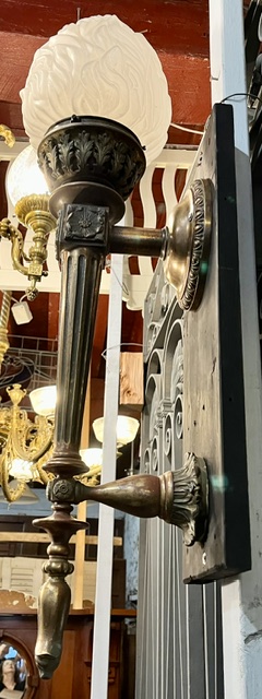 Wall mounted torchiere light made from ornate cast bronze with frosted flame shade, 1000mm high x 250mm projection (L477) $3,500 salvaged vintage recycled, demolition, reproduction, restoration, home renovation secondhand, used , original, old, reclaimed, heritage, antique, victorian, art nouveau edwardian georgian art deco