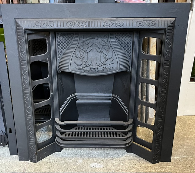 Austral cast iron fire insert, circa 1915, wreath hood, original and fully restored by Feds, 965 x 965mm, 4 available (F481) $765 plus price of tiles of your choice salvaged vintage recycled, demolition, reproduction, restoration, home renovation secondhand, used , original, old, reclaimed, heritage, antique, victorian, art nouveau edwardian georgian art deco