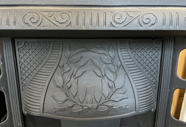 Hood detail of Austral cast iron fire insert, circa 1915, wreath hood, original and fully restored by Feds, 965 x 965mm, 4 available (F481) $765 plus price of tiles of your choice salvaged vintage recycled, demolition, reproduction, restoration, home renovation secondhand, used , original, old, reclaimed, heritage, antique, victorian, art nouveau edwardian georgian art deco