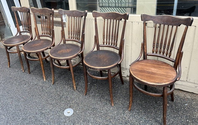 Bentwood chairs with decorative back and seat detail, one seat replaced, set of 5, height 880mm, seat height 450mm, seat diam 440mm (RR309) $220 set of 5 chairs salvaged, recycled, demolition, reproduction, restoration, home renovation secondhand, used , original, old, reclaimed, heritage, antique, victorian, art nouveau edwardian, georgian, art deco washstand fireplace hearth tiles