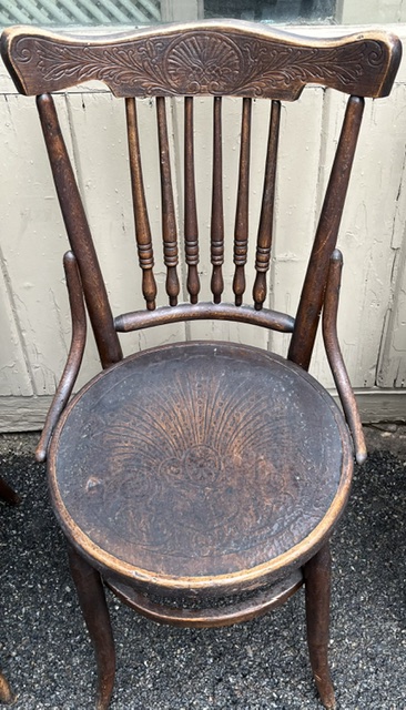 Detail of Bentwood chairs with decorative back and seat detail, one seat replaced, set of 5, height 880mm, seat height 450mm, seat diam 440mm (RR309) $220 set of 5 chairs salvaged, recycled, demolition, reproduction, restoration, home renovation secondhand, used , original, old, reclaimed, heritage, antique, victorian, art nouveau edwardian, georgian, art deco washstand fireplace hearth tiles