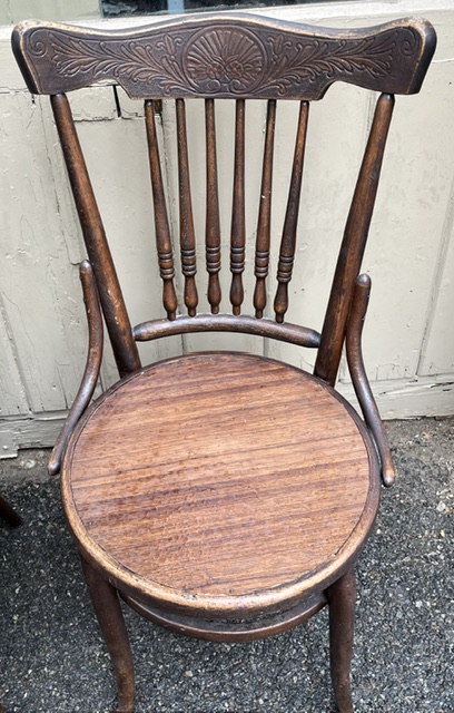 Detail of Bentwood chair with plain base with decorative back and seat detail, one seat replaced, set of 5, height 880mm, seat height 450mm, seat diam 440mm (RR309) $220 set of 5 chairs salvaged, recycled, demolition, reproduction, restoration, home renovation secondhand, used , original, old, reclaimed, heritage, antique, victorian, art nouveau edwardian, georgian, art deco washstand fireplace hearth tiles
