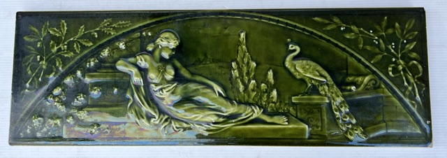 Rare American Encaustic Tiling Co. Ltd. New York original 18 inch tile, rich dark green Art Nouveau, featuring reclining classical maiden and peacock motif, in excellent condition. Made in Zanesville Ohio, 18 inch x 6 inch or 460 x 150mm, tile is 15mm deep (SB23) $330 salvaged, recycled, demolition, reproduction, restoration, home renovation secondhand, used , original, old, reclaimed, heritage, antique, victorian, art nouveau edwardian, georgian, art deco washstand fireplace hearth tiles