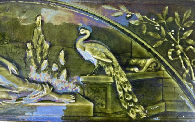 Detail of rare American Encaustic Tiling Co. Ltd. New York original 18 inch tile, rich dark green Art Nouveau, featuring reclining classical maiden and peacock motif, in excellent condition. Made in Zanesville Ohio, 18 inch x 6 inch or 460 x 150mm, tile is 15mm deep (SB23) $330 salvaged, recycled, demolition, reproduction, restoration, home renovation secondhand, used , original, old, reclaimed, heritage, antique, victorian, art nouveau edwardian, georgian, art deco washstand fireplace hearth tiles