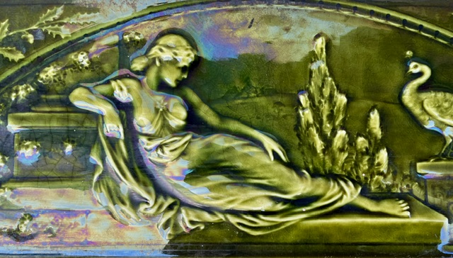 Detail of rare American Encaustic Tiling Co. Ltd. New York original 18 inch tile, rich dark green Art Nouveau, featuring reclining classical maiden and peacock motif, in excellent condition. Made in Zanesville Ohio, 18 inch x 6 inch or 460 x 150mm, tile is 15mm deep (SB23) $330 salvaged, recycled, demolition, reproduction, restoration, home renovation secondhand, used , original, old, reclaimed, heritage, antique, victorian, art nouveau edwardian, georgian, art deco washstand fireplace hearth tiles