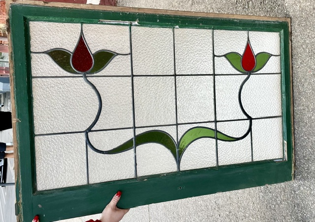 Art Nouveau original hopper window with stylised red and green flowers, frame W 1013 x H 640mm, glass W 895 x H 492mm (LL390) $425salvaged, recycled, demolition, reproduction, restoration, home renovation secondhand, used , original, old, reclaimed, heritage, antique, victorian, art nouveau edwardian, georgian, art deco washstand fireplace hearth tiles