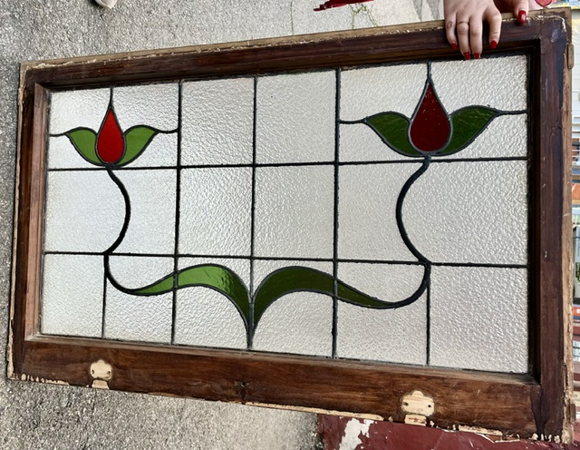 Reverse of Art Nouveau original hopper window with stylised red and green flowers, frame W 1013 x H 640mm, glass W 895 x H 492mm (LL390) $425 salvaged, recycled, demolition, reproduction, restoration, home renovation secondhand, used , original, old, reclaimed, heritage, antique, victorian, art nouveau edwardian, georgian, art deco washstand fireplace hearth tiles