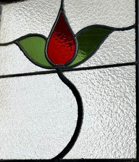 Detail of Art Nouveau original leadlight windows with red and green flowers, 2 matching windows available, frame H 1018 x 440mm, glass H 955 x W 345mm (LL391) $385 each salvaged, recycled, demolition, reproduction, restoration, home renovation secondhand, used , original, old, reclaimed, heritage, antique, victorian, art nouveau edwardian, georgian, art deco washstand fireplace hearth tiles