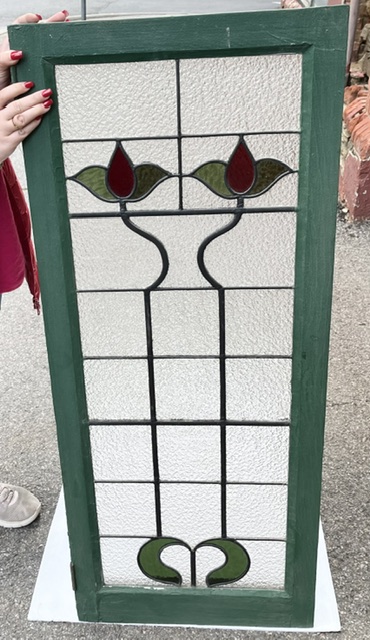 Window #1 of Art Nouveau original leadlight windows with red and green flowers, 2 matching windows available, frame H 1018 x 440mm, glass H 955 x W 345mm (LL391) $385 each salvaged, recycled, demolition, reproduction, restoration, home renovation secondhand, used , original, old, reclaimed, heritage, antique, victorian, art nouveau edwardian, georgian, art deco washstand fireplace hearth tiles