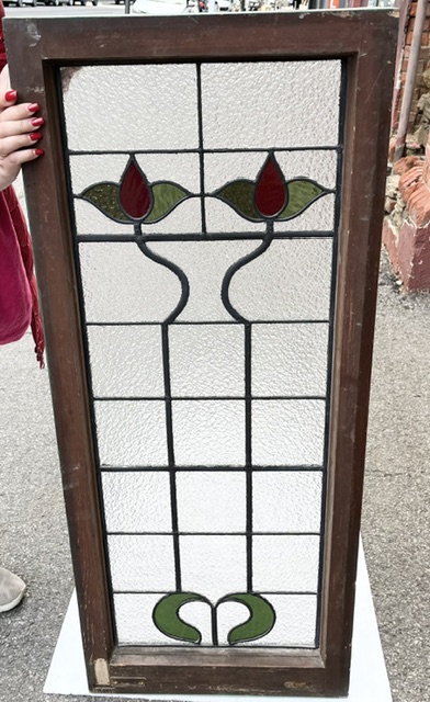 Reverse of window #1 of Art Nouveau original leadlight windows with red and green flowers, 2 matching windows available, frame H 1018 x 440mm, glass H 955 x W 345mm (LL391) $385 each salvaged, recycled, demolition, reproduction, restoration, home renovation secondhand, used , original, old, reclaimed, heritage, antique, victorian, art nouveau edwardian, georgian, art deco washstand fireplace hearth tiles