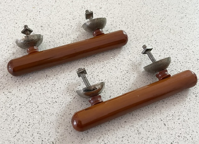 Bakelite Art Deco handle pair, 115mm W x 30mm projection (H777) $48 pair salvaged vintage recycled, demolition, reproduction, restoration, home renovation secondhand, used , original, old, reclaimed, heritage, antique, victorian, art nouveau edwardian georgian art deco