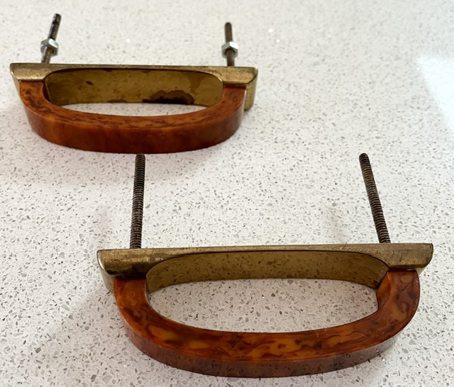 Deco bakelite handle pair, 110mm W x 40mm projection (H776) $48 pair salvaged vintage recycled, demolition, reproduction, restoration, home renovation secondhand, used , original, old, reclaimed, heritage, antique, victorian, art nouveau edwardian georgian art deco