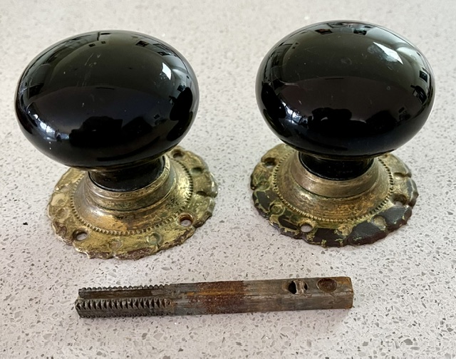 Victorian black porcelain door handle set, 600mm projection x 500mm diam (H783) $125 set salvaged vintage recycled, demolition, reproduction, restoration, home renovation secondhand, used , original, old, reclaimed, heritage, antique, victorian, art nouveau edwardian georgian art deco