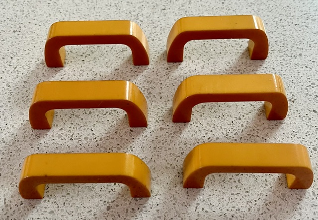 Butterscotch bakelite drawer pulls/ cabinet handles, 60mm W x 25mm projection (H781) $90 set of 6 salvaged vintage recycled, demolition, reproduction, restoration, home renovation secondhand, used , original, old, reclaimed, heritage, antique, victorian, art nouveau edwardian georgian art deco