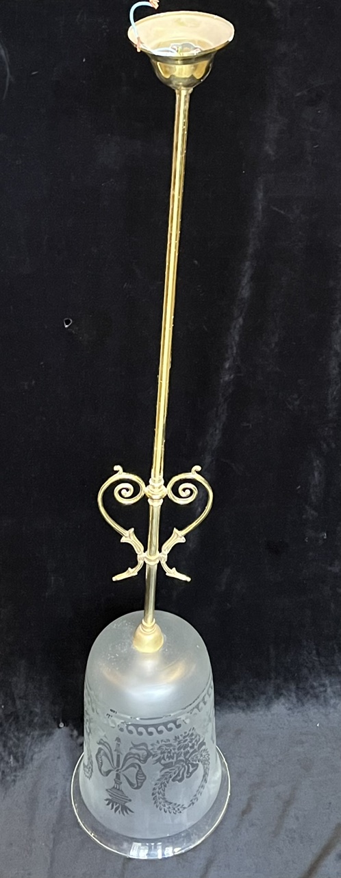 Single drop brass pendant with etched tulip shade, overall drop 1000mm, shade H 270 x diam 210mm (L481) $225 salvaged, recycled, demolition, reproduction, restoration, home renovation secondhand, used , original, old, reclaimed, heritage, antique, victorian, art nouveau edwardian, georgian, art deco washstand fireplace hearth tiles