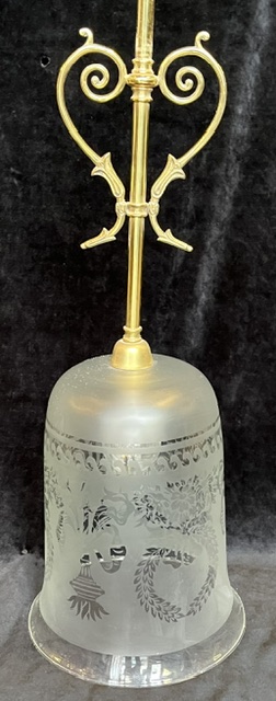Detail of single drop brass pendant with etched tulip shade, overall drop 1000mm, shade H 270 x diam 210mm (L481) $225 salvaged, recycled, demolition, reproduction, restoration, home renovation secondhand, used , original, old, reclaimed, heritage, antique, victorian, art nouveau edwardian, georgian, art deco washstand fireplace hearth tiles