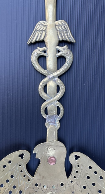 Detail of Victorian brass cream skimmer with serpent handle, 550mm long (RR311) $125 salvaged vintage recycled, demolition, reproduction, restoration, home renovation secondhand, used , original, old, reclaimed, heritage, antique, victorian, art nouveau edwardian georgian art deco