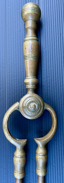Detail of brass fire tongs, 620mm long (F490) $65 salvaged vintage recycled, demolition, reproduction, restoration, home renovation secondhand, used , original, old, reclaimed, heritage, antique, victorian, art nouveau edwardian georgian art deco