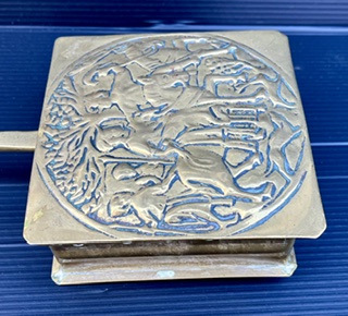 Detail of brass bed warmer box, 475mm long x 115cm W (F486) $45 salvaged vintage recycled, demolition, reproduction, restoration, home renovation secondhand, used , original, old, reclaimed, heritage, antique, victorian, art nouveau edwardian georgian art deco