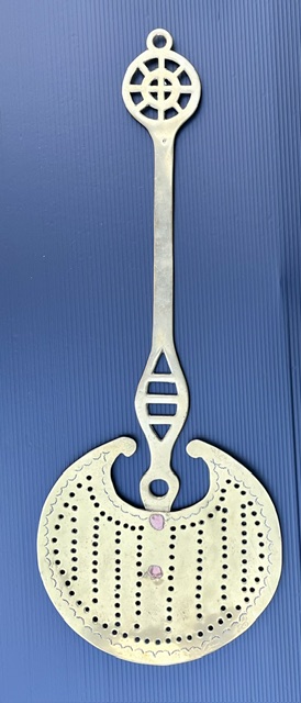 Brass Victorian cream skimmer, 520mm long (RR310) $125 salvaged vintage recycled, demolition, reproduction, restoration, home renovation secondhand, used , original, old, reclaimed, heritage, antique, victorian, art nouveau edwardian georgian art deco