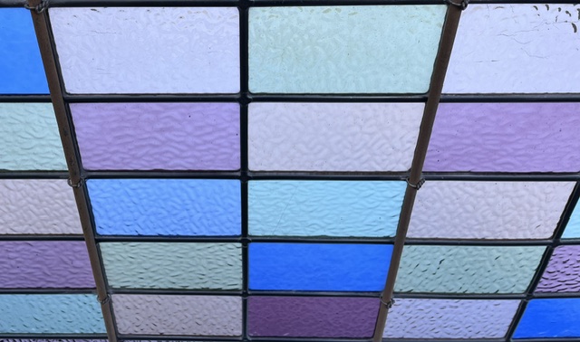 Detail of cool coloured leadlight checkerboard timber frame window, pinks, blue, purple, green, yellow with turquoise blue border, frame 860 x 1185mm, glass 620 x 1005mm (LL393) $585 salvaged vintage recycled, demolition, reproduction, restoration, home renovation secondhand, used , original, old, reclaimed, heritage, antique, victorian, art nouveau edwardian georgian art deco