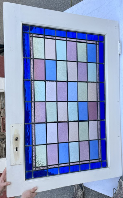 Cool coloured leadlight checkerboard timber frame window, pinks, blue, purple, green, yellow with turquoise blue border, frame 860 x 1185mm, glass 620 x 1005mm (LL393) $585 salvaged vintage recycled, demolition, reproduction, restoration, home renovation secondhand, used , original, old, reclaimed, heritage, antique, victorian, art nouveau edwardian georgian art deco