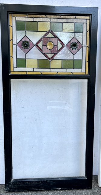 Detail of trio of geometric leadlight and fixed glass timber frame windows, in pinks and greens, each window frame H 1600mm x W 795mm, leadlight H 485 x W 670mm, glass H 895 x W 670mm (LL394) $445 each salvaged vintage recycled, demolition, reproduction, restoration, home renovation secondhand, used , original, old, reclaimed, heritage, antique, victorian, art nouveau edwardian georgian art deco