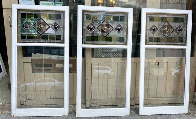 2 ON HOLD X47 Trio of geometric leadlight and fixed glass timber frame windows, in pinks and greens, each window frame H 1600mm x W 795mm, leadlight H 485 x W 670mm, glass H 895 x W 670mm (LL394) $445 each salvaged vintage recycled, demolition, reproduction, restoration, home renovation secondhand, used , original, old, reclaimed, heritage, antique, victorian, art nouveau edwardian georgian art deco