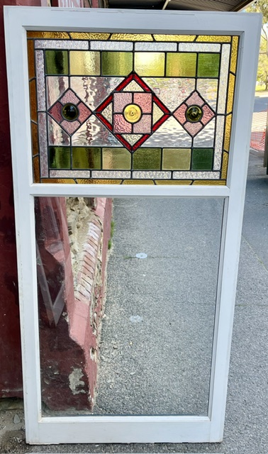 Detail of trio of geometric leadlight and fixed glass timber frame windows, in pinks and greens, each window frame H 1600mm x W 795mm, leadlight H 485 x W 670mm, glass H 895 x W 670mm (LL394) $445 each salvaged vintage recycled, demolition, reproduction, restoration, home renovation secondhand, used , original, old, reclaimed, heritage, antique, victorian, art nouveau edwardian georgian art deco