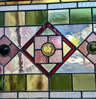 Leadlight detail of trio of geometric leadlight and fixed glass timber frame windows, in pinks and greens, each window frame H 1600mm x W 795mm, leadlight H 485 x W 670mm, glass H 895 x W 670mm (LL394) $445 each salvaged vintage recycled, demolition, reproduction, restoration, home renovation secondhand, used , original, old, reclaimed, heritage, antique, victorian, art nouveau edwardian georgian art deco