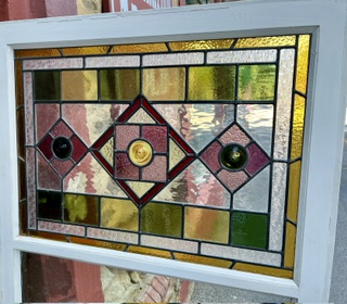 Leadlight detail of trio of geometric leadlight and fixed glass timber frame windows, in pinks and greens, each window frame H 1600mm x W 795mm, leadlight H 485 x W 670mm, glass H 895 x W 670mm (LL394) $445 each salvaged vintage recycled, demolition, reproduction, restoration, home renovation secondhand, used , original, old, reclaimed, heritage, antique, victorian, art nouveau edwardian georgian art deco