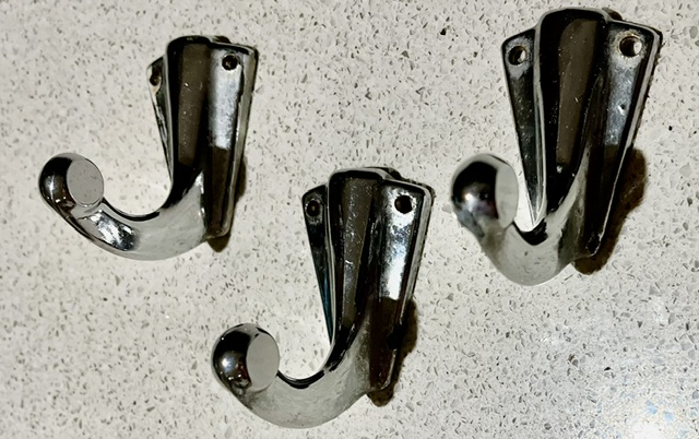 Set 3x polished nickel Deco door hooks, H 50 x projection 50mm (H787) $30 salvaged vintage recycled, demolition, reproduction, restoration, home renovation secondhand, used , original, old, reclaimed, heritage, antique, victorian, art nouveau edwardian georgian art deco