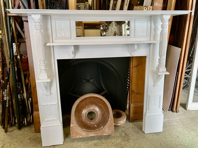 Crisp white double shelf timber mantel with pillared legs, carved detailing and bevelled mirror, top shelf 1525 x 243mm, height 1330mm, outer leg 1345mm, opening H 900 x W 915mm (M349) $TBC salvaged vintage recycled, demolition, reproduction, restoration, home renovation secondhand, used , original, old, reclaimed, heritage, antique, victorian, art nouveau edwardian georgian art deco