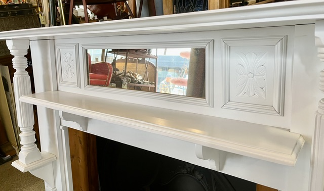 Detail of crisp white double shelf timber mantel with pillared legs, carved detailing and bevelled mirror, top shelf 1525 x 243mm, height 1330mm, outer leg 1345mm, opening H 900 x W 915mm (M349) $TBC salvaged vintage recycled, demolition, reproduction, restoration, home renovation secondhand, used , original, old, reclaimed, heritage, antique, victorian, art nouveau edwardian georgian art deco