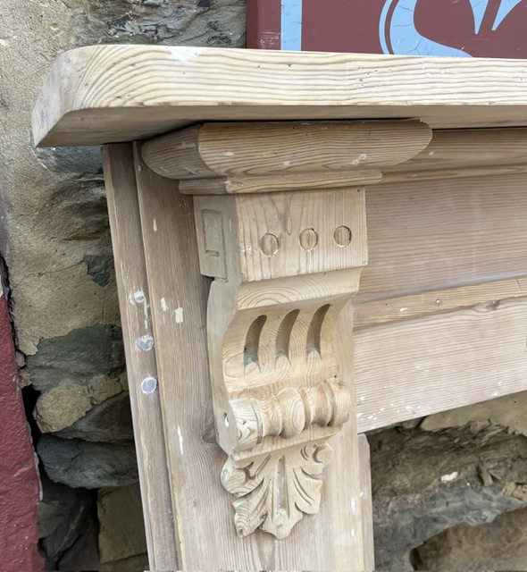 Detail of original raw timber Edwardian timber mantel, top shelf 1457 x 220mm, height 1260mm, outer leg 1363mm, opening H 970 x W 945mm, matches M347 (M348) $745 salvaged vintage recycled, demolition, reproduction, restoration, home renovation secondhand, used , original, old, reclaimed, heritage, antique, victorian, art nouveau edwardian georgian art deco