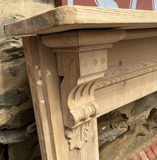 Detail of original raw timber Edwardian timber mantel, top shelf 1440 x 230mm, height 1240mm, outer leg 1350mm, opening 940 x 940mm, matches M348 (M347) $745 salvaged vintage recycled, demolition, reproduction, restoration, home renovation secondhand, used , original, old, reclaimed, heritage, antique, victorian, art nouveau edwardian georgian art deco