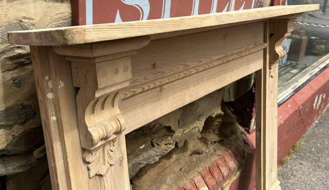 Detail of original raw timber Edwardian timber mantel, top shelf 1440 x 230mm, height 1240mm, outer leg 1350mm, opening 940 x 940mm, matches M348 (M347) $745 salvaged vintage recycled, demolition, reproduction, restoration, home renovation secondhand, used , original, old, reclaimed, heritage, antique, victorian, art nouveau edwardian georgian art deco