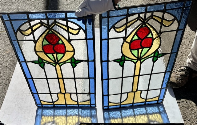 Pair of new leadlight panels made in SA, featuring vivid blue, red, yellow and green colours, each panel H 720 x W 385mm (LL395 & LL396 FOZI) $1090 salvaged, vintage recycled, demolition, reproduction, restoration, home renovation secondhand, used , original, old, reclaimed, heritage, antique, victorian, art nouveau edwardian, georgian, art deco
