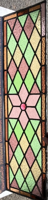 Pair of original restored geometric leadlight panels, central pink star design with pink, cerise, yellow and green textured diamond panes, each panel is 1090 x 310mm (LL401 FT) $875 PAIR salvaged, vintage recycled, demolition, reproduction, restoration, home renovation secondhand, used , original, old, reclaimed, heritage, antique, victorian, art nouveau edwardian, georgian, art deco