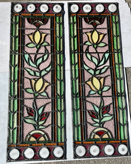 Victorian style flowers and foliage design, new and unused leadlight made locally in SA, textured pink, and green with yellow and red flowers and clear rondels, each panel is H 1110 x W 375mm (LL402 & LL403 FOZI) $1890 pair