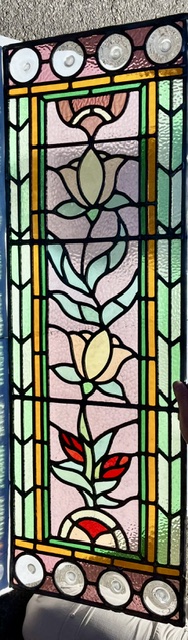 Detail of Victorian style flowers and foliage design, new and unused leadlight made locally in SA, textured pink, and green with yellow and red flowers and clear rondels, each panel is H 1110 x W 375mm (LL402 & LL403 FOZI) $1890 pair