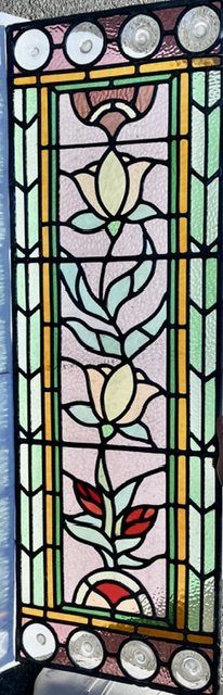 Detail of Victorian style flowers and foliage design, new and unused leadlight made locally in SA, textured pink, and green with yellow and red flowers and clear rondels, each panel is H 1110 x W 375mm (LL402 & LL403 FOZI) $1890 pair